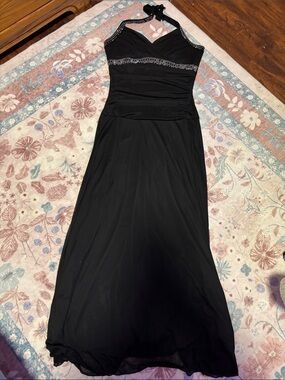glam Black Tie-Up Evening/Graduation Gown with Beaded Trim